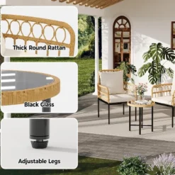 3-Piece All-Weather Wicker Rattan Bistro Patio Furniture Set With Glass Table And Thick Cushions, For Balcony, Garden, Backyard, And Poolside, Beige -VIDAXL Sale Store GUEST c06304df 5590 4557 a400 22df4eb0a46f