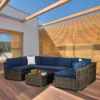 7pc Outdoor Rattan Wicker Seating Set With Cushions - Brown/Blue - GODEER -VIDAXL Sale Store GUEST c1e34fc2 d9ef 4616 abe3 aa349202581a