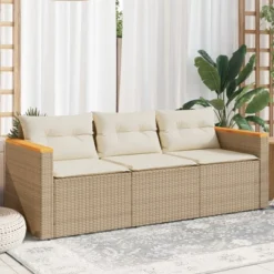 VidaXL Beige Poly Rattan 3-Seater Patio Sofa With Washable Cushions - Durable Outdoor Garden Furniture, UV-Resistant