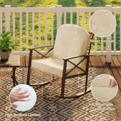TROPOW 3 PCS Patio Rocking Chairs Outdoor Rattan Bistro Set, Patio Sets , Outdoor Furniture Set Wicker 2Rocking Chairs & 1Table ,Beige & Black