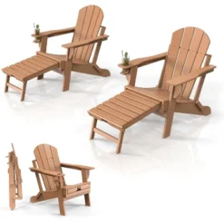 VINGLI Back-Adjustable Plastic Folding Adirondack Chairs With Retractable Footrest & 2-in-1 Cup Holders, Capacity 400 LBS