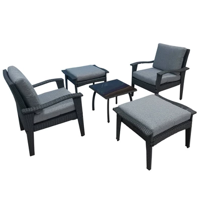 5pc Outdoor Wicker Conversation Set With Arm Chairs, Accent Table & Ottomans - Gray - GODEER 3 5pc Outdoor Wicker Conversation Set With Arm Chairs, Accent Table & Ottomans - Gray - GODEER - Image 3