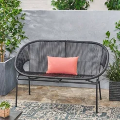 Outdoor PE Rattan Loveseat With Metal Frame,Patio Basket Loveseat With Hammock Weave,Wicker Loveseat For Garden Or Backyard-Cuddlewood