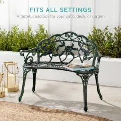 Best Choice Products Outdoor Bench Steel Garden Patio Porch Furniture W/ Floral Accent, Antique Finish