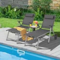 Tangkula 2PCS Patio Recliner Chair Outdoor Adjustable Folding Chaise Lounge Chair W/ 2 Wheels