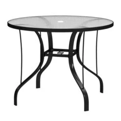 Outsunny 38" Round Patio Table, Outdoor Dining Table Tempered Glass Metal Frame Bistro Table With Umbrella Hole, For Deck, Yard, Balcony, Lawn, Pool -VIDAXL Sale Store GUEST d3ad498b 10a9 423d 84a7 61ae68265790
