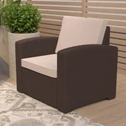 Merrick Lane Outdoor Furniture Resin Chair Chocolate Brown Faux Rattan Wicker Pattern Patio Chair With All-Weather Beige Cushion -VIDAXL Sale Store GUEST d563b584 406b 4b82 a055 a7b384fc2259