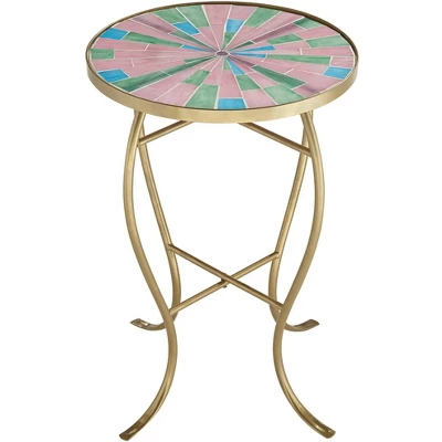 Teal Island Designs Modern Gold Round Outdoor Accent Side Table 14 1/4" Wide Pink Green Mosaic Tabletop For Front Porch Patio House Balcony 5 Teal Island Designs Modern Gold Round Outdoor Accent Side Table 14 1/4" Wide Pink Green Mosaic Tabletop For Front Porch Patio House Balcony - Image 5