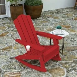 Merrick Lane Adirondack Rocking Chair With Cup Holder, Weather Resistant HDPE Adirondack Rocking Chair In Red