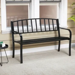 Tangkula 50 Inches Garden Bench W/ Slatted Backrest & Curved Armrests For Porch