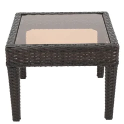 CAVINAS Wicker Outdoor Side Table With Powder-Coated Iron Frame,Patio End Table With Tempered Glass Top For Garden,Poolside,Patio