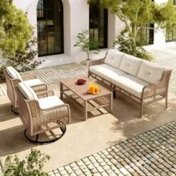 4 Piece Rattan Garden Furniture Sofa Sets,Wicker Outdoor Patio Conversation Set,Rattan Outdoor Sofa Couch With Cushions,Swivel Chairs-Coolbibila