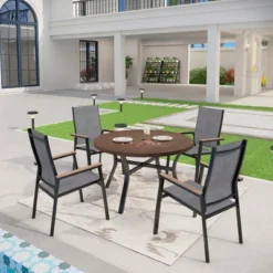 Captiva Designs 5pc Patio Dining Set Steel Frame Table With Umbrella Hole & Gray Textilene Chairs With Wood-like Armrests -VIDAXL Sale Store GUEST da8d9f18 e43f 49d2 9a3b dc992958f592