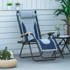 Outsunny Zero Gravity Folding Reclining Chair, Outdoor Steel Lounger Chair With Padded Fabric, Cup Holder, Shade Cover, And Headrest For Poolside, Events, And Camping