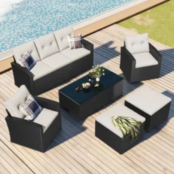 6pc Wicker Patio Conversation Set With Sofa, Arm Chairs, Ottomans & Coffee Table - Black/Beige - GODEER 16 6pc Wicker Patio Conversation Set With Sofa, Arm Chairs, Ottomans & Coffee Table - Black/Beige - GODEER -VIDAXL Sale Store GUEST dd3f6e98 4c99 466f 92b6 ca58a1a47b74
