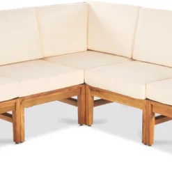 Outdoor Sectional Sofa Set, 5 Seater Sofa Set With Side Armrest Sofa, 5 Pcs Sofa With Wood Frame And PE Cushions And PE Pillows-Coolbibila