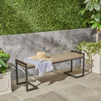 Coolbibila-Patio Benches With Cantilever Iron Legs, Garden Benches Constructed From Slatted Acacia Wood, Modern Garden Bench Outdoor 2 Coolbibila-Patio Benches With Cantilever Iron Legs, Garden Benches Constructed From Slatted Acacia Wood, Modern Garden Bench Outdoor - Image 2