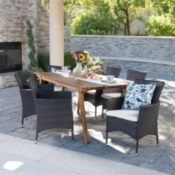 Christopher Knight Home Saba Outdoor Wicker And Acacia Wood 7 Piece Dining Set With Cushion -VIDAXL Sale Store GUEST de23179b 3ac3 40f3 a167 f21c5abc8571