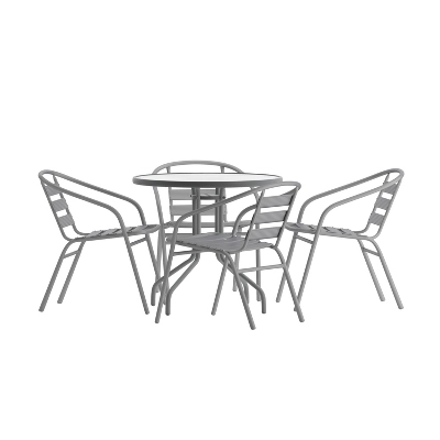 Flash Furniture Lila 31.5'' Round Glass Metal Table With 4 Metal Aluminum Slat Stack Chairs 1 Flash Furniture Lila 31.5'' Round Glass Metal Table With 4 Metal Aluminum Slat Stack Chairs
