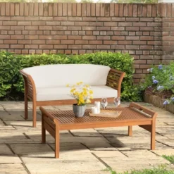 Stamford 2pc Eucalyptus Wood Outdoor Bench With Coffee Table - Natural - Alaterre Furniture