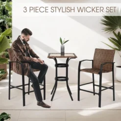 HOMEFUN 3 Pieces Outdoor Bar Stools Set,Rattan Bar Chairs,with Glass Table Top, Wicker Bar Stools For Backyard,Brown -VIDAXL Sale Store GUEST e10698a3 022b 4937 b68d cc0778501c77