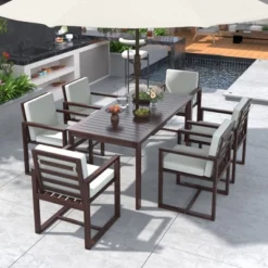 7pcs Patio Dining Set, Outdoor Acacia Wood Dining Table And Chair Set With Removable Cushions For Patio, Backyard, Garden -ModernLuxe