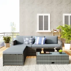 4pc Outdoor Wicker Conversation Sectional Set With Cushions - Gray - GODEER -VIDAXL Sale Store GUEST e46a0d61 9c6a 43a5 bb26 a88b5035717f