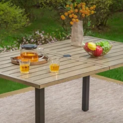 7pc Patio Dining Set With Wood Grain Tabletop & Metal Padded Arm Chairs - Captiva Designs -VIDAXL Sale Store GUEST e538daf7 ec9a 4262 9254 5a43449f77a4