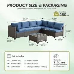 XIZZI Modular Patio Furniture Set, Outdoor Sofa Set With Corner Units, Center Sofas & Coffee Table, Durable & All-Weather Design, 7 Pcs/Set, Dark Blue