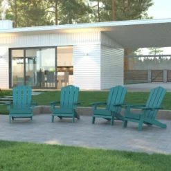 Emma And Oliver Set Of 4 Adirondack Chairs With Cup Holders, Weather Resistant HDPE Adirondack Chairs