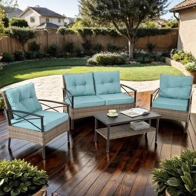ELJGET 4 Pieces Outdoor Patio Furniture Set, Wicker Rattan Conversation Set With Table For Porch Deck, Blue 1 ELJGET 4 Pieces Outdoor Patio Furniture Set, Wicker Rattan Conversation Set With Table For Porch Deck, Blue