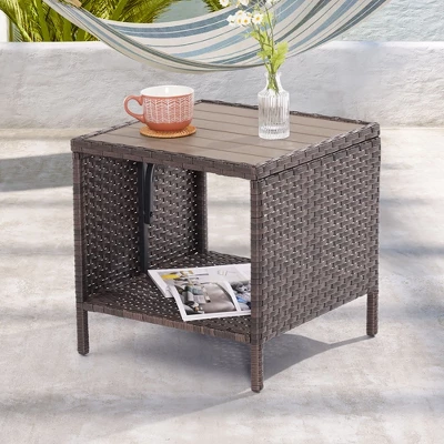Sonkuki Outdoor Patio Furniture, Square PE Rattan Wicker Side Table With Storage Shelf 8 Sonkuki Outdoor Patio Furniture, Square PE Rattan Wicker Side Table With Storage Shelf - Image 8
