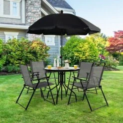 Costway 6 PCS Patio Dining Set Folding Chairs Glass Table Tilt Umbrella Garden