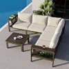 Outdoor 4-Pieces L-Shaped Sectional Sofa, Acacia Frame Sofa With Woven Mesh Armrests And Table, Sofa With Polyester Cushions–Cuddlewood