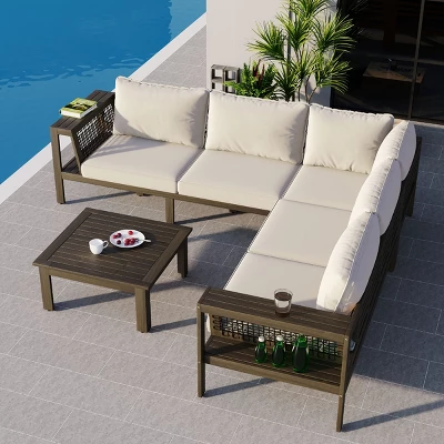 Outdoor 4-Pieces L-Shaped Sectional Sofa, Acacia Frame Sofa With Woven Mesh Armrests And Table, Sofa With Polyester Cushions–Cuddlewood 1 Outdoor 4-Pieces L-Shaped Sectional Sofa, Acacia Frame Sofa With Woven Mesh Armrests And Table, Sofa With Polyester Cushions–Cuddlewood