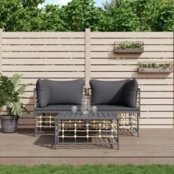 VidaXL Patio Furniture Set 3 Piece Loveseat With Anthracite Cushions, Modular Poly Rattan For Garden, Deck, And Terrace