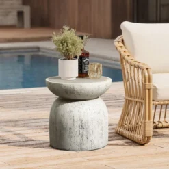 LuxenHome Outdoor Side Table, 16" Concrete End Tables For Patio,Off White And Gray Weathered Round Table,Accent Table For Indoor Outdoor Off-White