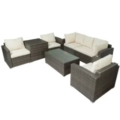 7pc Wicker Patio Seating Set With Cushions & Storage Box - Gray/Beige - GODEER -VIDAXL Sale Store GUEST f6d5b90b 9108 469b 97e2 783e6a2a3070