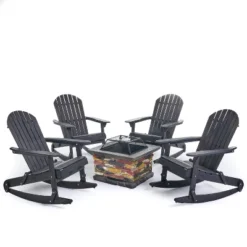 Christopher Knight Home Hermes Outdoor Acacia Wood 5 Piece Adirondack Rocking Chair And Fire Pit Set