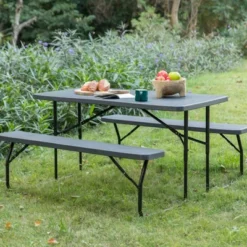 Gardenised Gray Outdoor Foldable Woodgrain Portable Picnic Table Set, 5 Feet Long -VIDAXL Sale Store GUEST f7f859c2 cd7a 40b6 b35e 4608f6674563