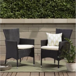 Modern Patio PE Wicker Rattan Woven Dining Chair Set Of 2,Porch Balcony Outdoor Cushion Dining Arm Chair,2 Pieces Garden Lounge Chair-Coolbibila