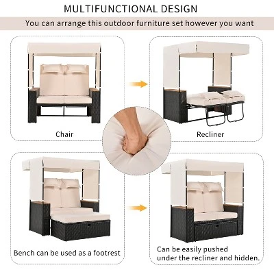 2-Piece Outdoor Rattan Daybed With 5 Positions, Canopy, Bench, And Cushions For Poolside, Backyard & Garden 6 2-Piece Outdoor Rattan Daybed With 5 Positions, Canopy, Bench, And Cushions For Poolside, Backyard & Garden - Image 6
