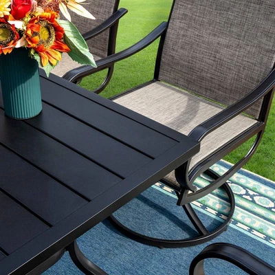 8pc Outdoor Dining Set With Metal Slat Top Table With Umbrella Hole & Swivel Chairs - Gray/Beige - Captiva Designs 7 8pc Outdoor Dining Set With Metal Slat Top Table With Umbrella Hole & Swivel Chairs - Gray/Beige - Captiva Designs - Image 7