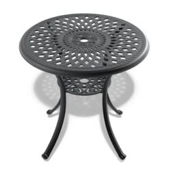 CAVINAS 30.71" Cast Aluminum Patio Table,Outdoor Side Table With Black Frame And Umbrella Hole,Weather-Resistant End Table For Garden,Poolside,Black