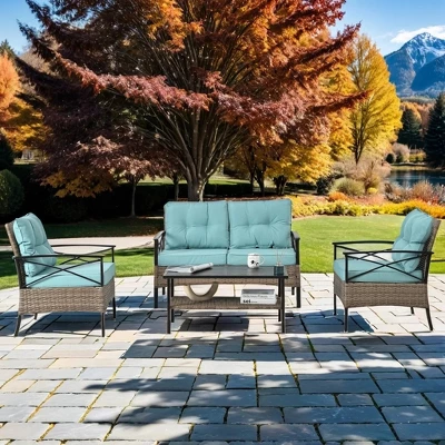 ELJGET 4 Pieces Outdoor Patio Furniture Set, Wicker Rattan Conversation Set With Table For Porch Deck, Blue 3 ELJGET 4 Pieces Outdoor Patio Furniture Set, Wicker Rattan Conversation Set With Table For Porch Deck, Blue - Image 3